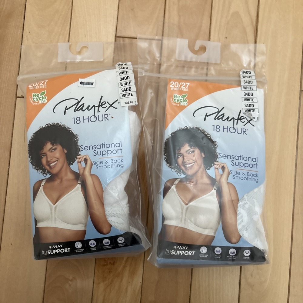 2 Playtex 18Hour Bra Sensational Support Side Back Smoothing Wirefree 34DD 20/27